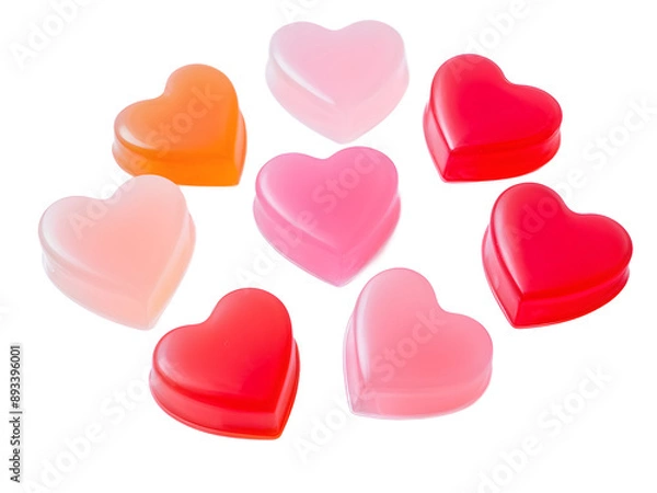 Fototapeta Heap of heart shaped jellies on white background. Valentines Day greeting card concept. Copy space
