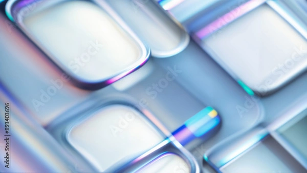 Obraz Abstract wallpaper with glowing 3D grid, waves, geometric square cube, reflective material glass, glowing plasma, swirling lines, shapes on light white glowing background with motion blur effect.