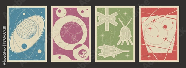 Fototapeta Spacecraft, Probe, Earth, Moon. Vector Templates for Cosmic Posters, Covers, Illustrations. Retro Space Background Set, 1950s - 1960s Colors and Shapes, 