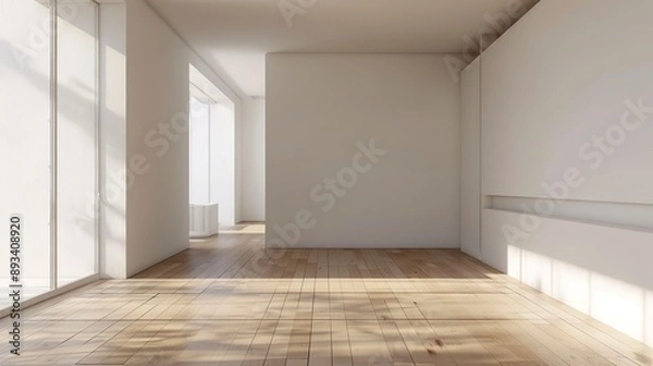 Fototapeta Modern empty room with wooden floor and large white plain wall