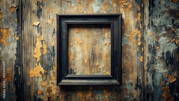 Fototapeta Distressed vintage black frame mockup against worn, rough-textured wall backdrop with cracked paint and subtle wooden grain details.