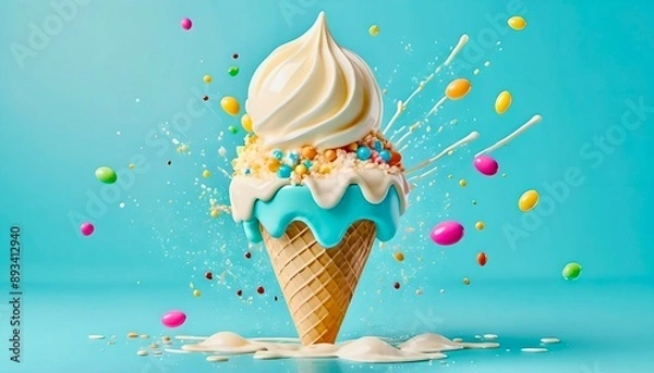 Fototapeta Vanilla ice cream balls inside a waffle cone with coloured sprinkles, isolated, blue background