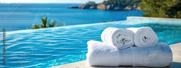 Fototapeta white folded towels on the background of the pool and the beach. selective focus