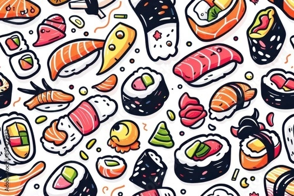 Fototapeta A white background is covered in a vibrant pattern of various sushi rolls and nigiri, all hand-drawn in a cartoon style