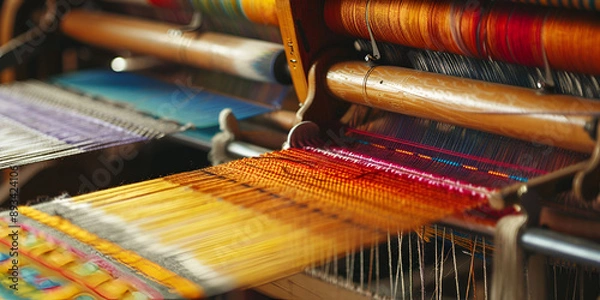 Obraz  Brightly Colored Threads on Industrial Weaving Loom, Textile Manufacturing with Multiple Yarn Colors