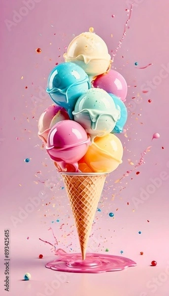 Fototapeta Multicolored ice cream balls with inside of waffle cone with small colored sprinkles, isolated, pink background. Pastel colours, vertical photo