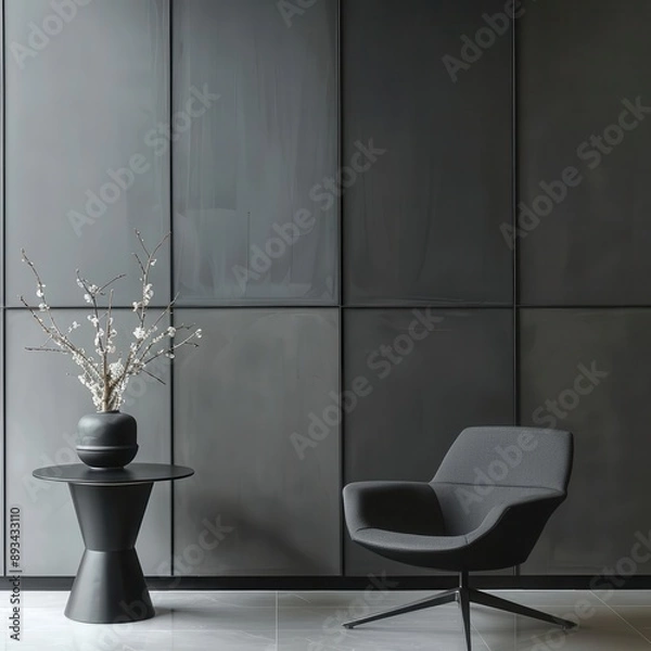 Fototapeta minimalist interior design featuring sleek grey wall panels and modern black side table clean lines and monochromatic palette create sophisticated contemporary aesthetic