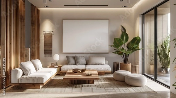 Fototapeta Create a comfortable living room with an elegant and peaceful atmosphere. The room has a large wall showing a blank white frame. Decorated with comfortable seats. 