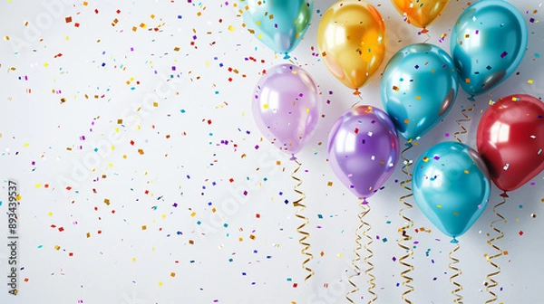 Fototapeta Bright balloons in various colors with confetti falling around, creating a cheerful celebration scene on a white background, ideal for festive occasions with copy space.