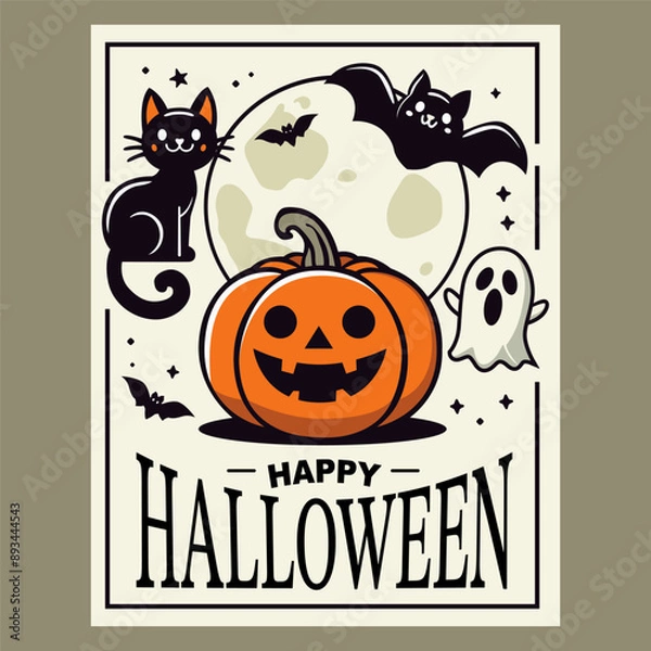 Fototapeta Happy Halloween Illustration with Pumpkin, Cat, Bat, and Ghost