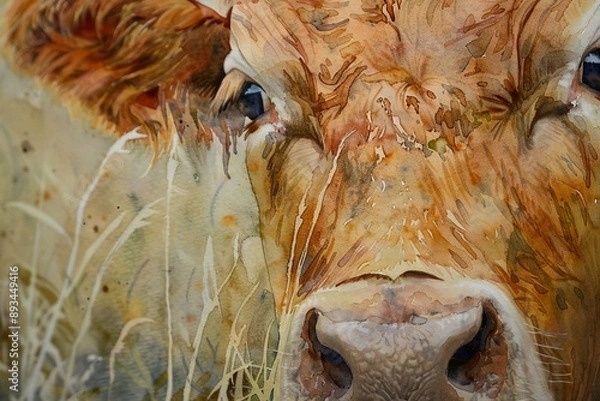 Fototapeta Watercolor close up of a grazing cow.