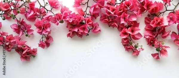 Fototapeta Pink bougainvillea flowers on a blank white backdrop creating a copy space image
