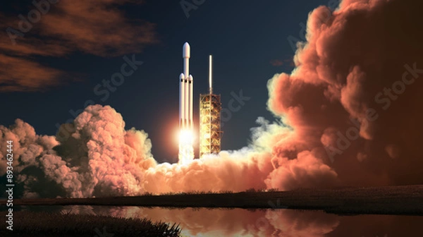 Obraz Heavy Rocket Night Launch. 3D Illustration.