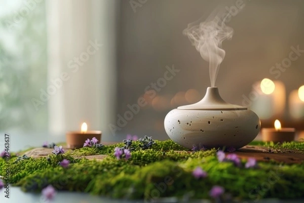Fototapeta Diffuseur de vapeur sur mousse verte avec bougies