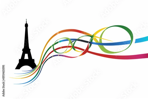 Fototapeta  Olympic Theme with Eiffel Tower and Colorful Ribbons
