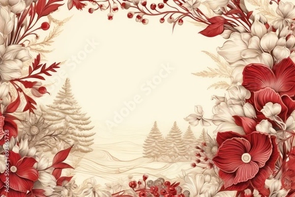 Fototapeta Toile with christmas flower border pattern red backgrounds.