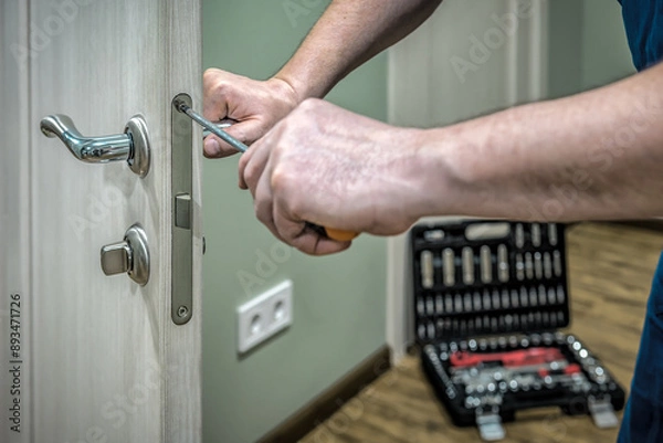 Obraz Professional locksmith worker installing, working with house door lock using screwdriver