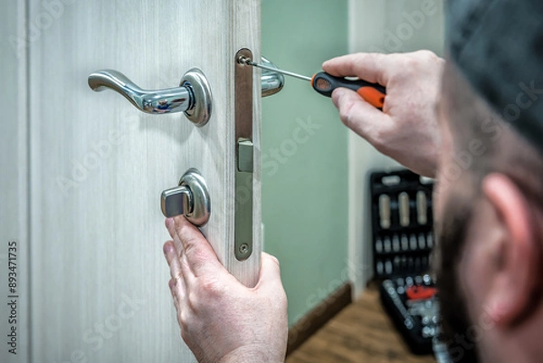 Obraz Professional locksmith worker installing the part of lock in wooden door by the screwdriver