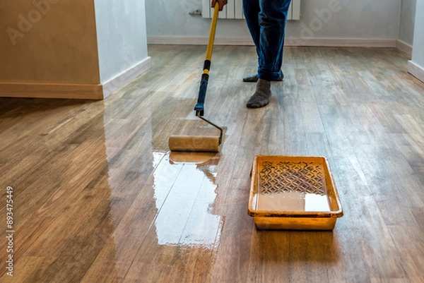 Obraz Worker varnishing floor with Eco white acrylic varnish for wood parquet floor, lacquering roller. Industrial theme. Home renovation