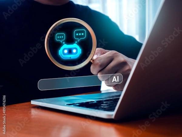 Fototapeta AI search engine optimization tools, SEO online technology concept. Searching bar appear while businessman hold magnifying glass with chat bot icon inside while work with laptop computer on table.