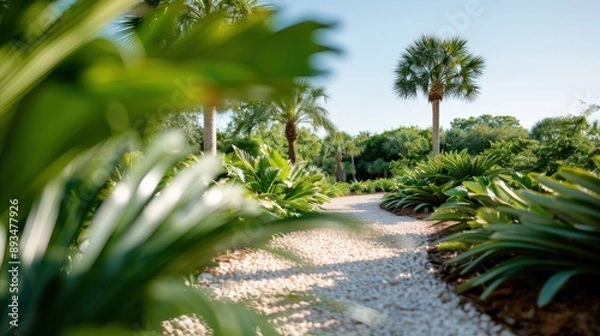 Fototapeta This image showcases a serene garden pathway flanked by lush palm trees and various green plants, offering a tranquil and inviting outdoor scene perfect for relaxation.