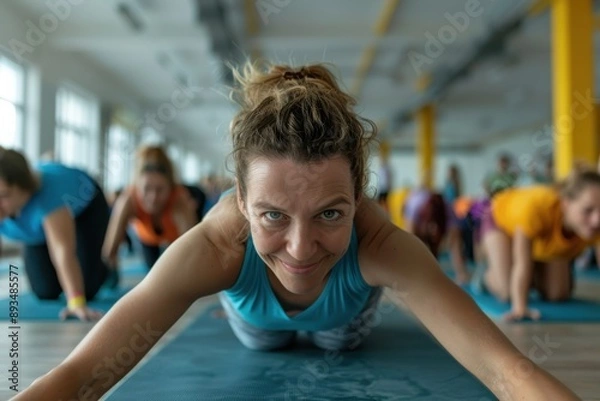 Fototapeta A group yoga session in a spacious studio featuring participants in various yoga poses, emphasizing health, wellness, and mindfulness in a serene and focused environment.