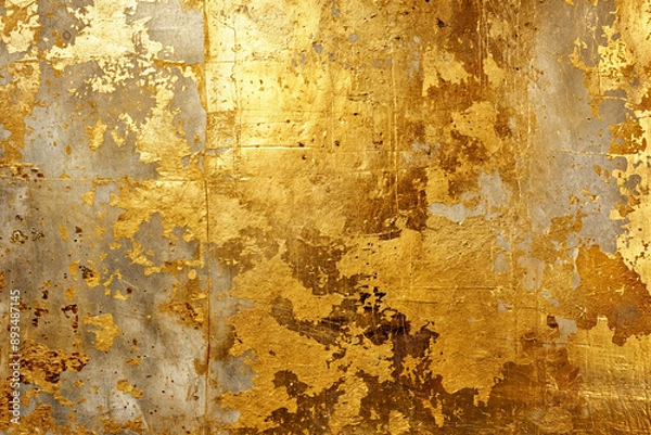 Fototapeta Distressed gold leaf texture on concrete wall, abstract luxury background with peeling metallic foil and exposed gray surface