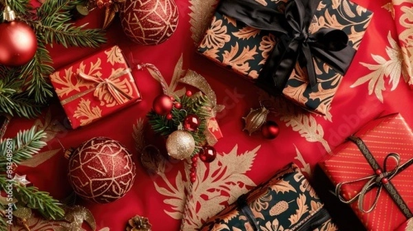 Obraz Chic tree decorations and artisanal gift boxes arranged with holiday ornaments on a red surface
