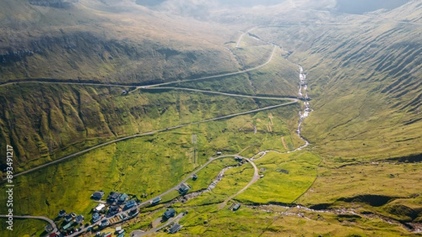 Fototapeta Funningur village, Faroe Islands. Sunny day in summer. Amazing nature in Faroe Islands. Eysturoy Island. Gonguturur or Hvithamar Trailhead. Faroese fjord and summits