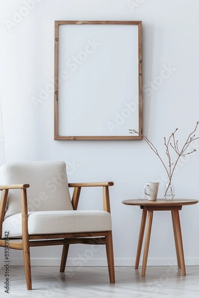 Fototapeta Minimalist chair and table with blank frame on wall