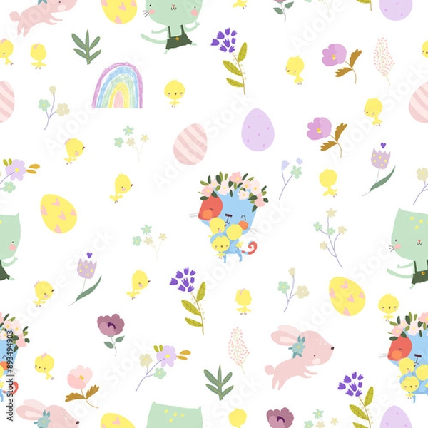 Fototapeta Vector Seamless Pattern with Funny Cats and Easter Elements