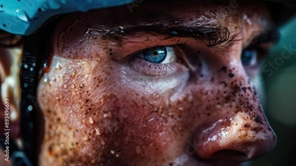Fototapeta A close-up of a cyclist's face, determination, sweat dripping, cityscape background