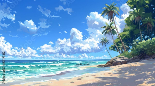 Fototapeta a wonderful beach scene at day with a lot of palms, anime manga style