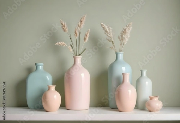 Fototapeta Concept photo of soft color tones dried flowers in vases with space for text