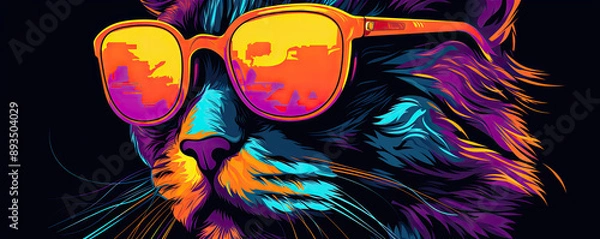 Fototapeta Cool vivid cat head in sun glasses on dark or black background