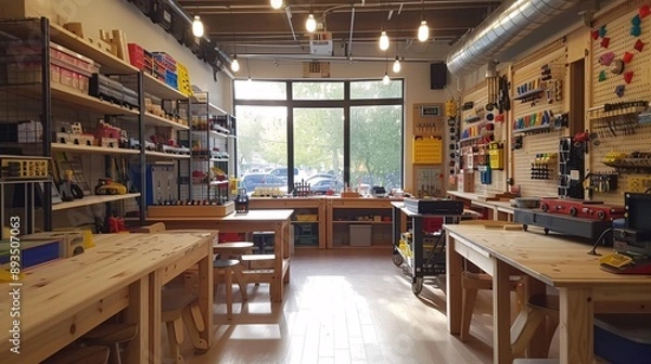 Fototapeta Spacious and well-organized workshop featuring tools, shelves, and natural light, ideal for DIY projects and creative activities in a community setting.