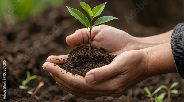 Fototapeta Image of a man's hand planting small plants attentively. The background of the image features natural land and nature.