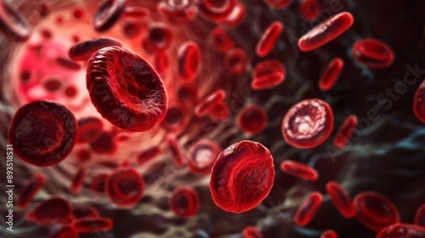 Fototapeta Red blood cells in vein. Blood cells flowing through a capillary bloodstream. Medicine and biology