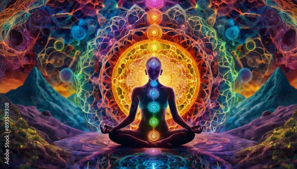 Fototapeta A person meditating in a yoga pose, with seven glowing chakra points on their body. Surrounded by vibrant energy patterns the background represents the vast universe, energy, and tranquility.