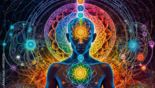 Fototapeta A person meditating in a yoga pose, with seven glowing chakra points on their body. Surrounded by vibrant energy patterns the background represents the vast universe, energy, and tranquility.