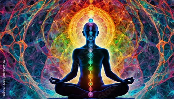 Fototapeta A person meditating in a yoga pose, with seven glowing chakra points on their body. Surrounded by vibrant energy patterns the background represents the vast universe, energy, and tranquility.