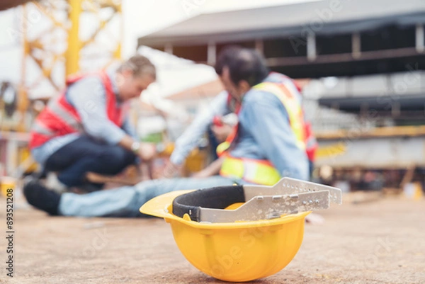 Fototapeta Construction builder worker accident at construction site. Industrial accident concept. Health safe of work and safety first concept