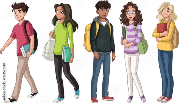 Obraz Cartoon teenagers students. Students walking and standing up.
