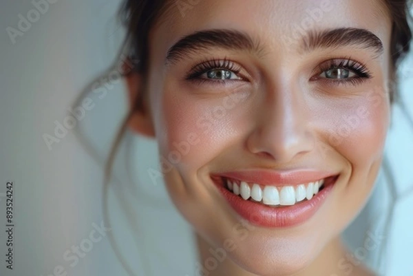 Obraz Woman's shining smile close-up, white healthy teeth. Dentistry charm portrait