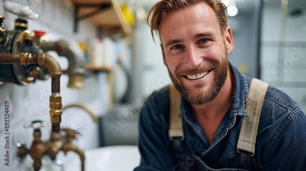 Fototapeta Cheerful male plumber showcasing a completed bathroom project, reflecting pride in craftsmanship and dedication to quality service in home improvement.