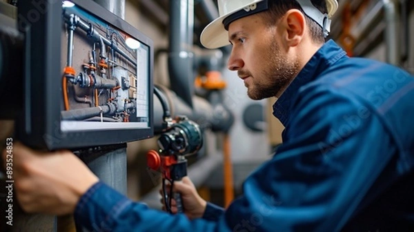 Fototapeta A skilled plumber uses a high-tech camera to inspect underground pipes in a modern urban setting, showcasing innovative plumbing solutions.