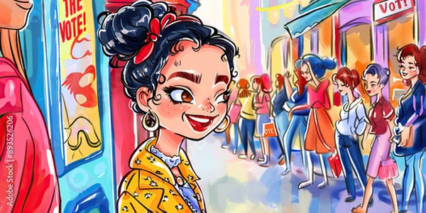 Fototapeta The Polling Station Parade: A colorful banner reading "VOTE!" hangs above a row of smiling poll workers.