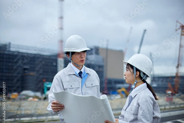 Fototapeta 建設現場を視察するヘルメットを被り作業服を着たビジネスマンとビジネスウーマン