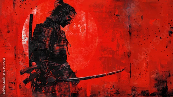 Fototapeta Drawing of Japanese Samurai on Red Background
