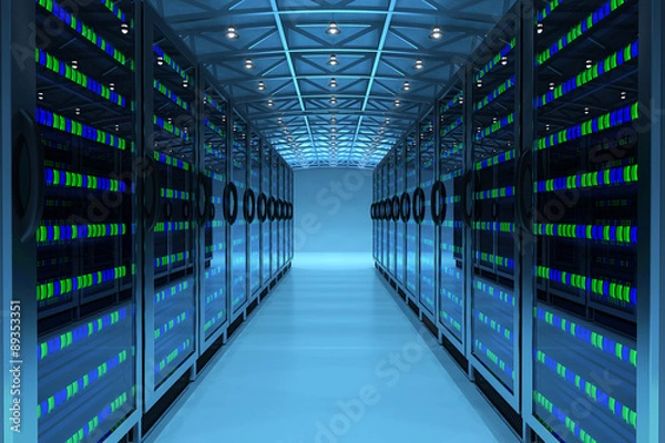 Obraz Networking communication technology concept, network and internet telecommunication equipment in server room, data center interior